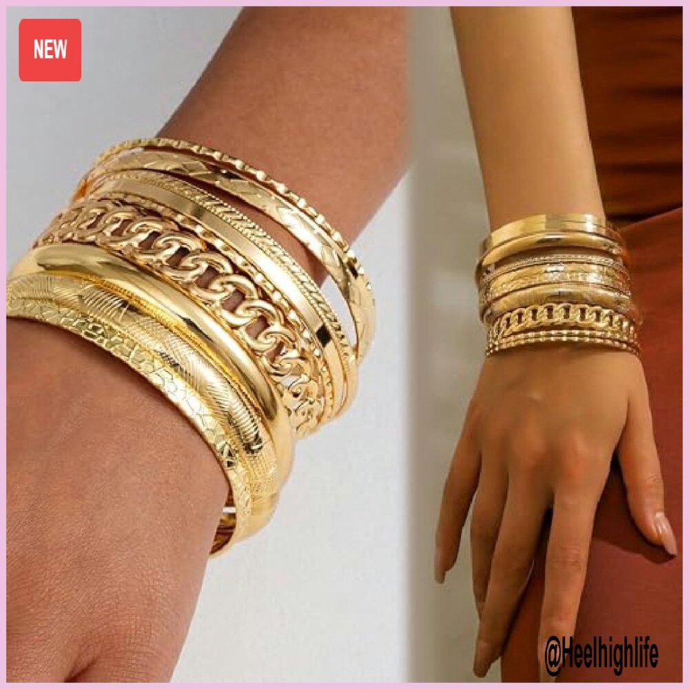 14k Gold Plated Stackable Bangle Set, 10 Chunky T… - image 6